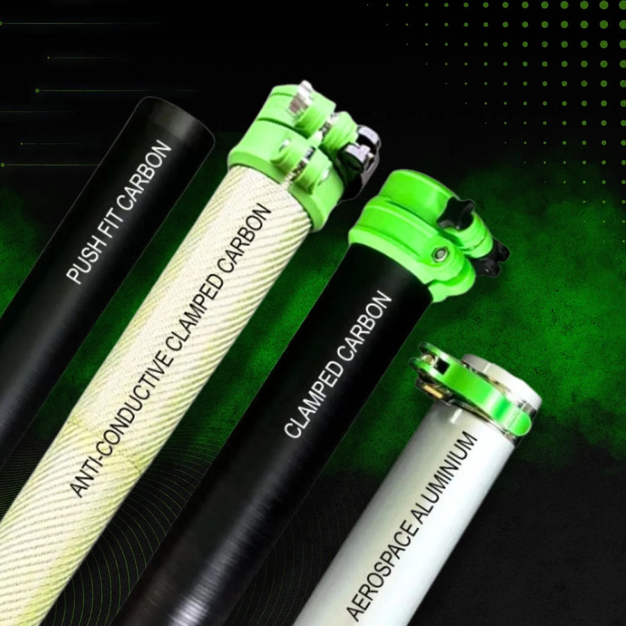 Gutter Vacuum Pole Kits range for gutter vacuum systems such as push fit carbon, anti-conductive clamped poles, clamped carbon poles and aerospace aluminium poles.