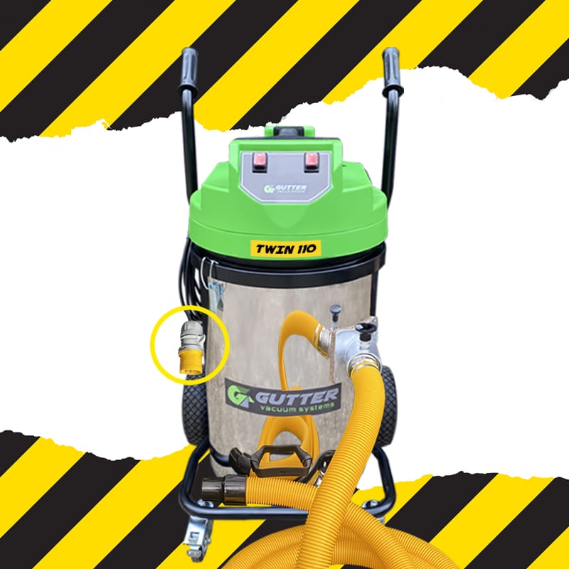 110v Twin Gutter Vacuum: 110v Twin Motor 2000w Gutter Vacuum is site safe where 240V are not allowed.  Supplied with 10m of hi-vis hose this powerful gutter vacuum is ideal for commercial and some industrial properties.
