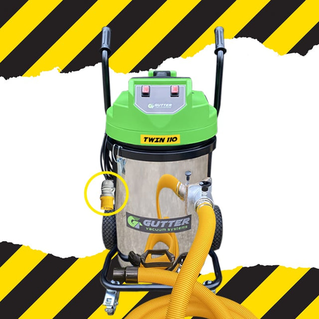 110v Twin Gutter Vacuum: 110v Twin Motor 2000w Gutter Vacuum is site safe where 240V are not allowed.  Supplied with 10m of hi-vis hose this powerful gutter vacuum is ideal for commercial and some industrial properties.