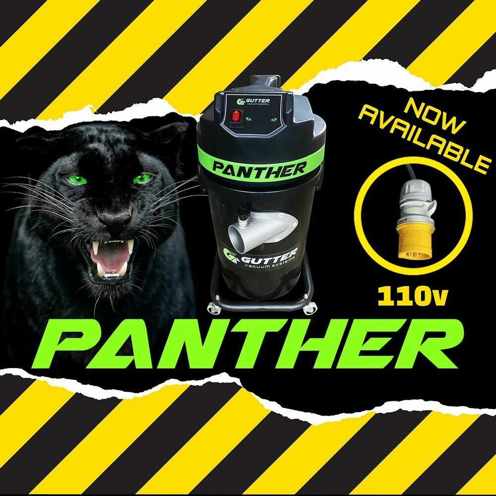 The 110V Panther Gutter Vacuum is a site safe, lightweight single motor gutter vacuum, boasting exceptional build quality with a sleek solid polypropylene drum, compact steel frame with castors, and an unmatched filtration system.