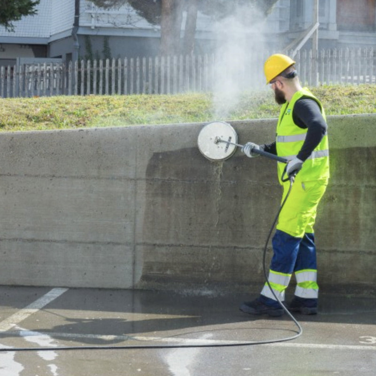 A worker using the Mosmatic 12" to clean a concrete wall when paired with a pressure washer.