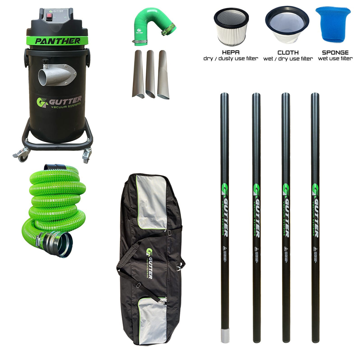 1700w Panther Gutter Vacuum 20ft Push Fit Carbon Fibre Pole Package with Silicone Flexi Neck