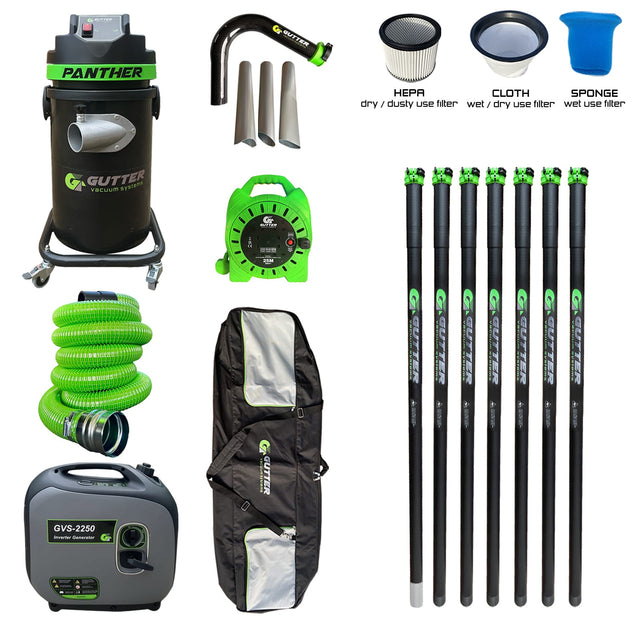 1700w Panther Gutter Vacuum with 35ft Clamped Carbon Pole Package with Carbon Rigid Neck. 5m Green Wire Reinforced hose with GVS-2250 and Extension Reel.