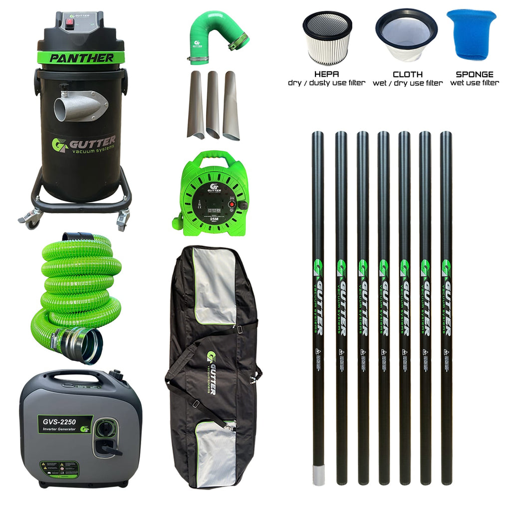 1700w Panther Gutter Vacuum with 35ft Push Fit Carbon Fibre Pole Package with Silicone Flexi Neck. With Extension Reel and GVS-2250
