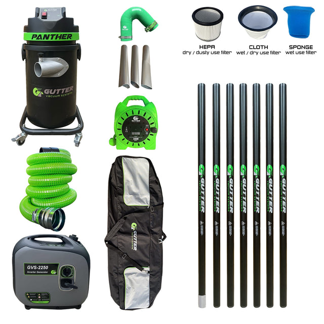 1700w Panther Gutter Vacuum with 35ft Push Fit Carbon Fibre Pole Package with Silicone Flexi Neck. With Extension Reel and GVS-2250