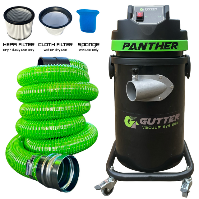 1700w Panther Gutter Vacuum with 5m of GVS Green Wire Reinforced Hose with HEPA, Cloth Filter, Wet Sponge Filter.