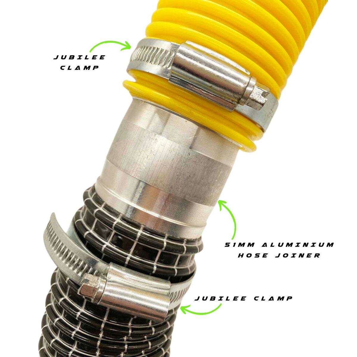 Connect 51mm hoses effortlessly with our aluminium hose joiner. Extend hose length easily, even with differing external diameters. Connect wire reinforced hose with hi-vis hose