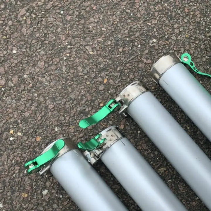 Close up of aluminium poles with jubilee clamps