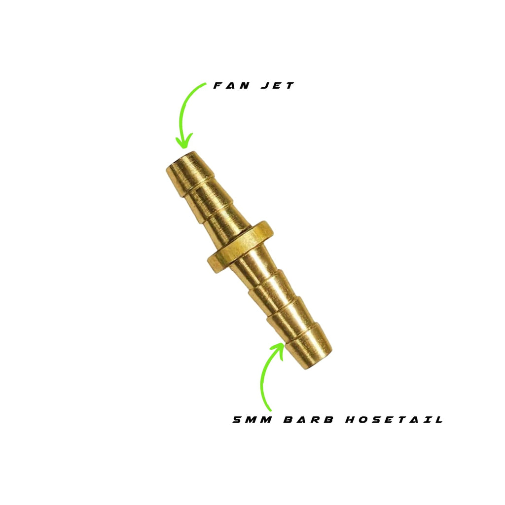 The Brass Fan Jet has a 5mm barb hosetail.