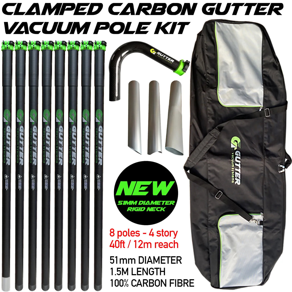 Discover our 1.5m clamped Carbon Fibre 51mm Pole for gutter vacuuming, paired with our NEW (2024) 51mm carbon fiber rigid neck for unmatched strength!