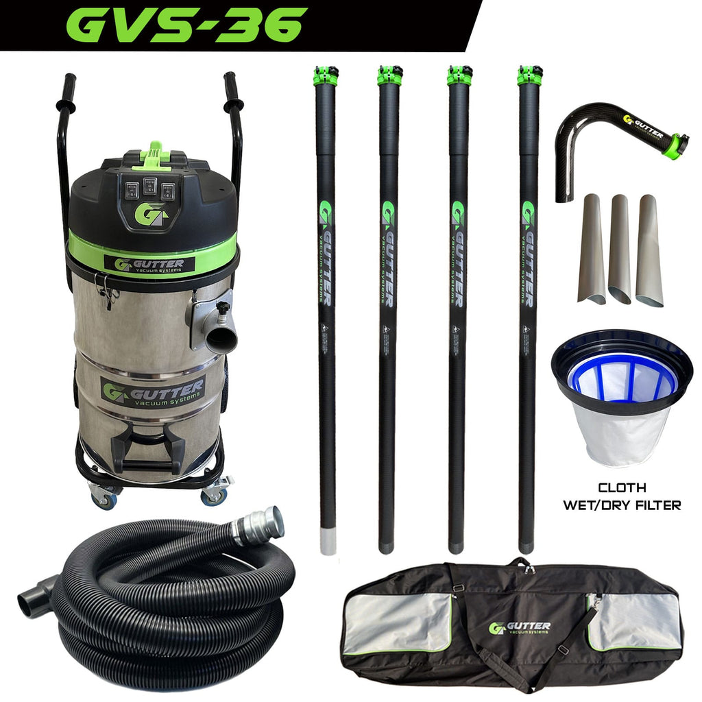 GVS-36 3600w Gutter Vacuum All Terrain Trolley - 20ft Clamped Carbon Fibre Pole Kit Package with 51mm Carbon Rigid Neck