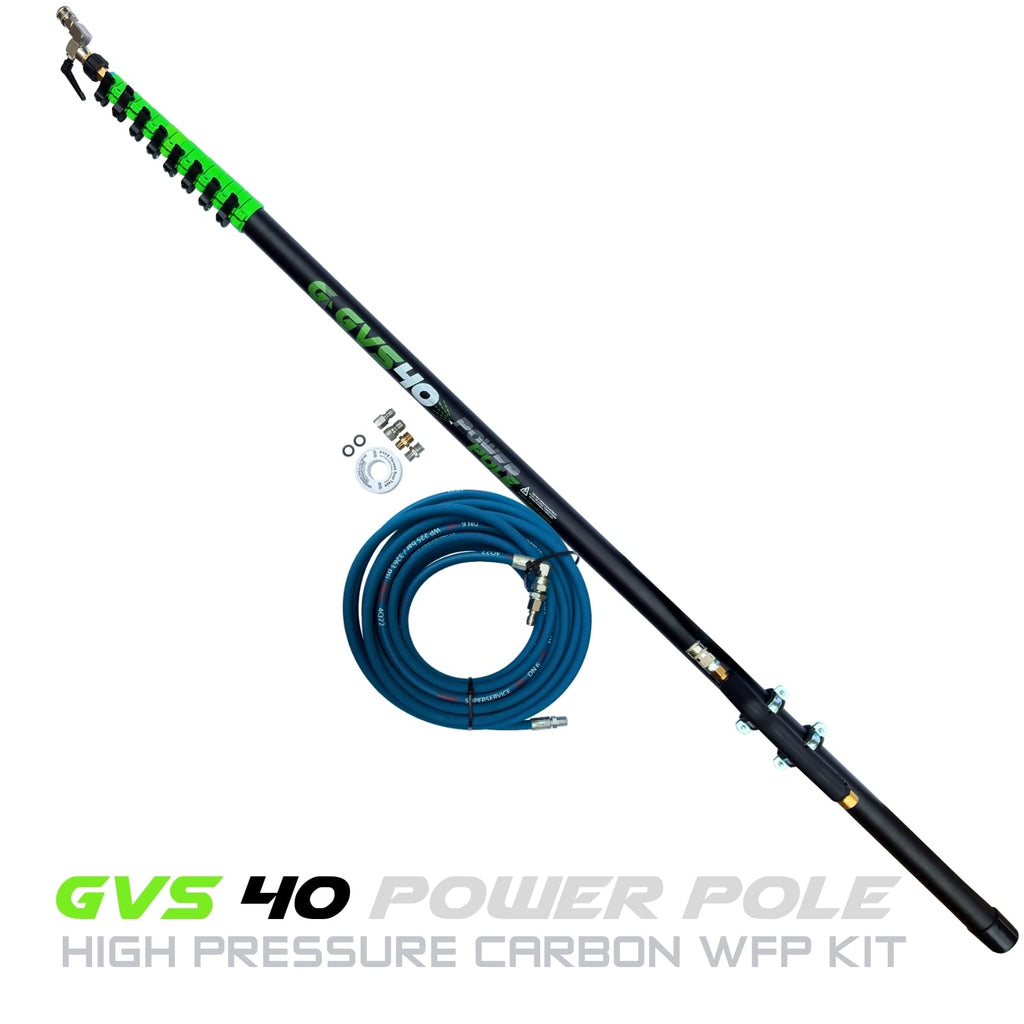 The full carbon GVS 40 Power Pole High Pressure Carbon WFP Kit is designed for high pressure washing at height - Perfect for those roof cleans.