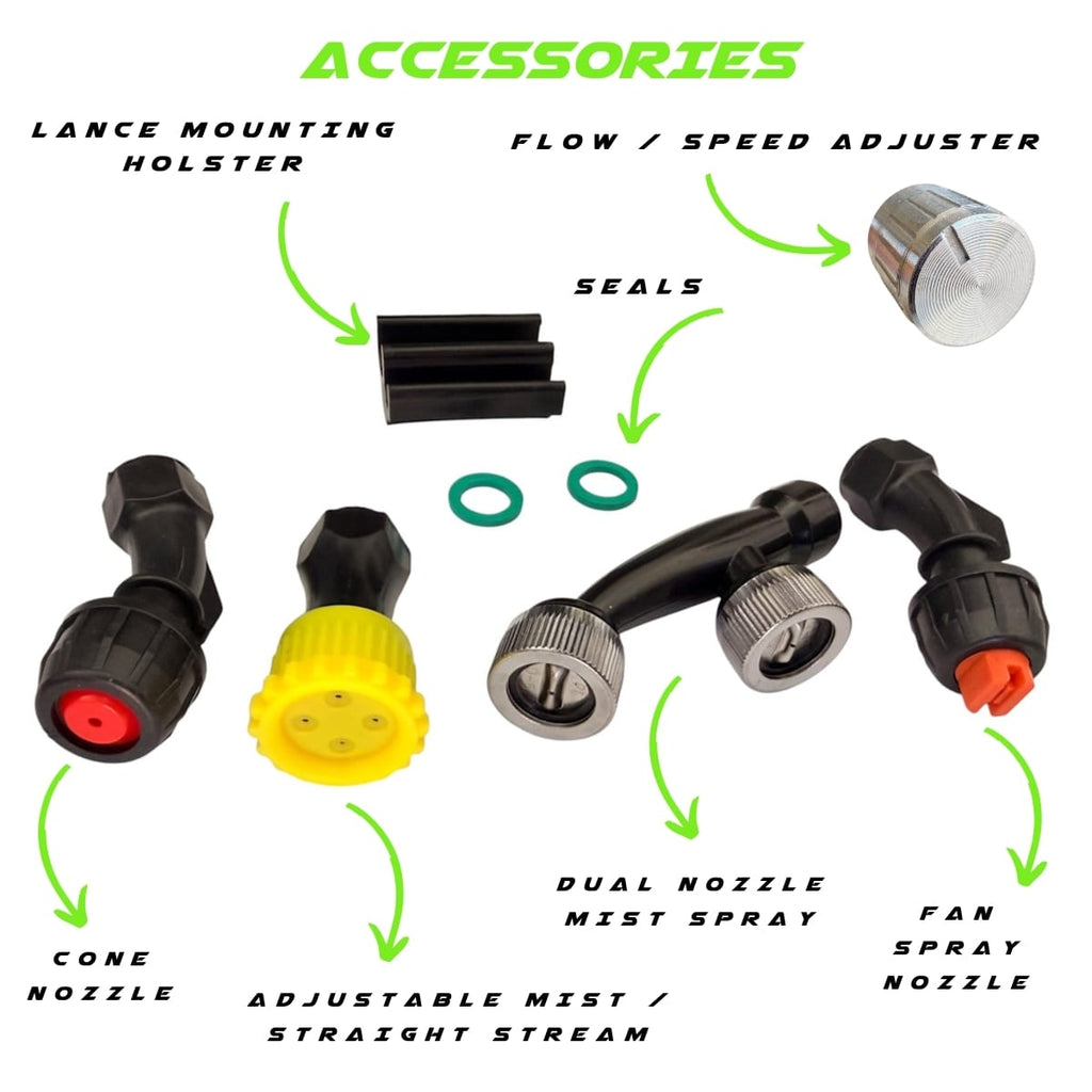 GVS Backpack is supplied with a number of accessories such as a lance mounting holster, seals, flow/speed adjuster and four set of nozzles for different spray types