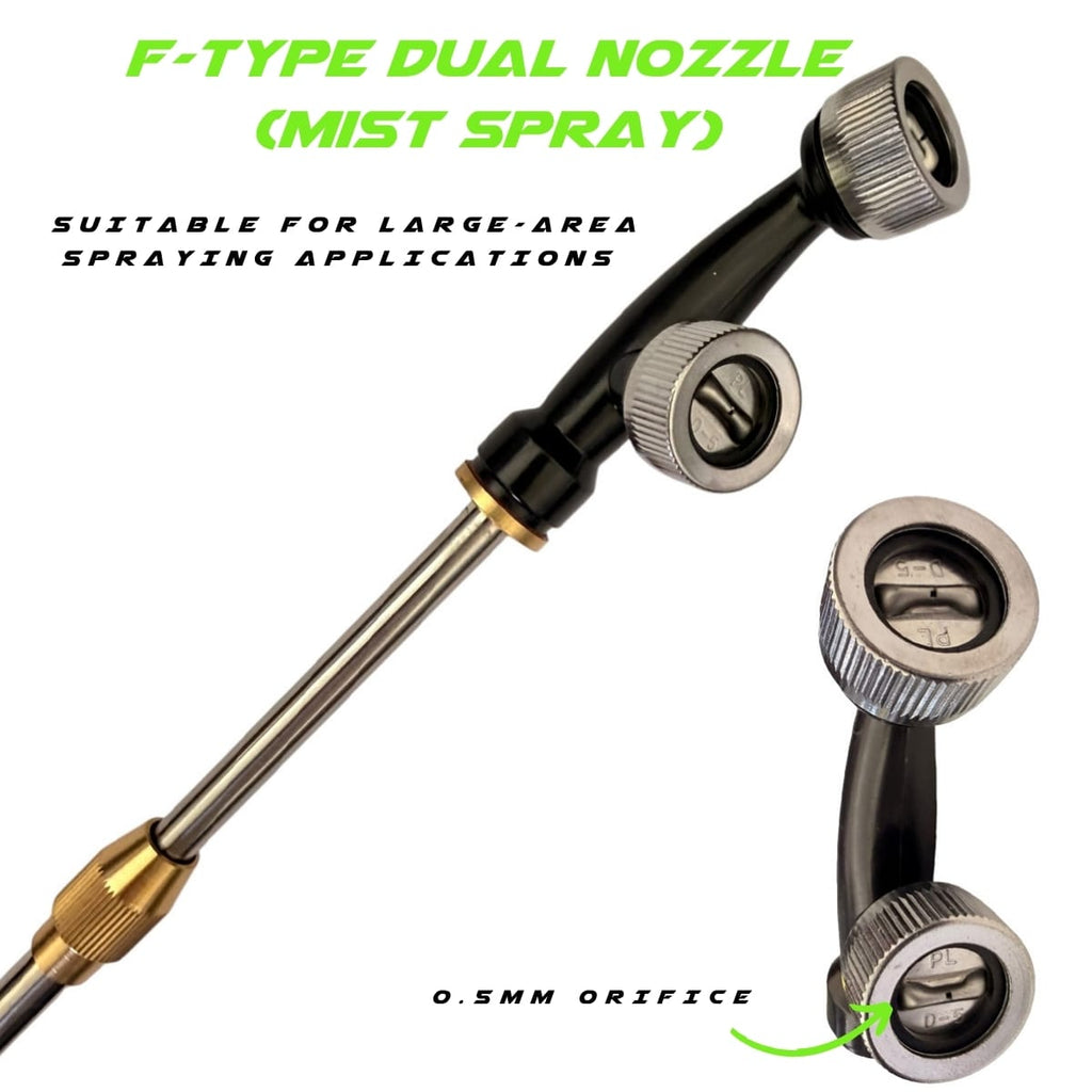The GVS Backpack is supplied with F-Type Dual Nozzle (Mist Spray) which is suitable for large area spraying applications.