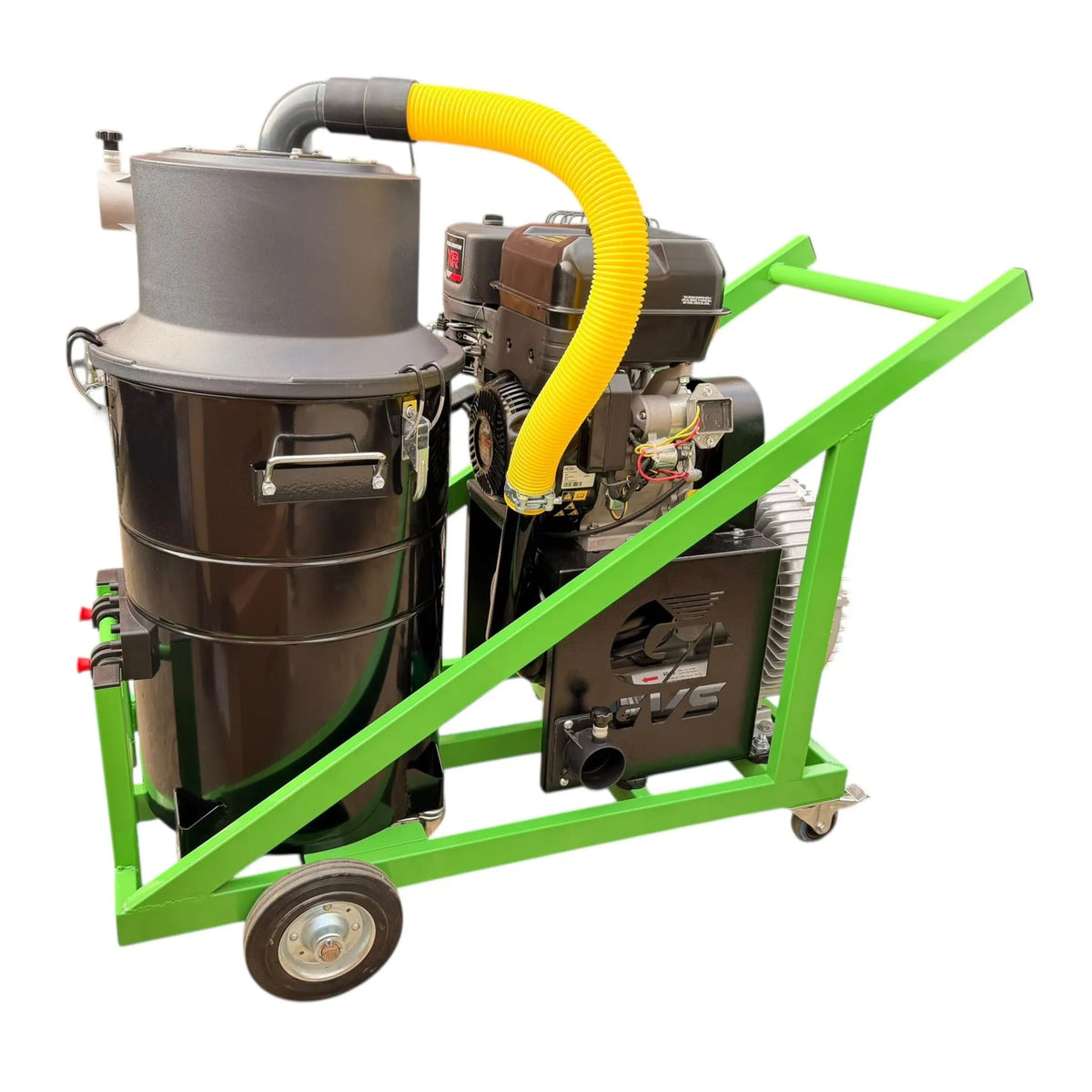 Heavy-duty petrol gutter vacuum with 90-litre collection drum for efficient high-volume debris removal