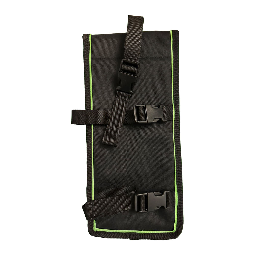 Rear of the roof scraper holster showing the belt loop and adjustable leg straps for secure hands-free tool storage while working