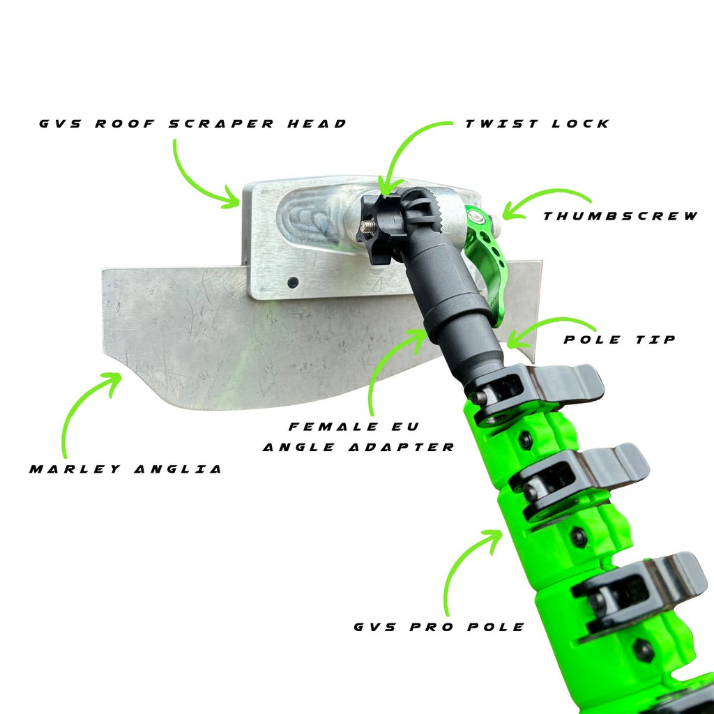 GVS Roof Scraper Head & Pole Specifications, Featuring an Attached Marley Anglia Scraper Blade