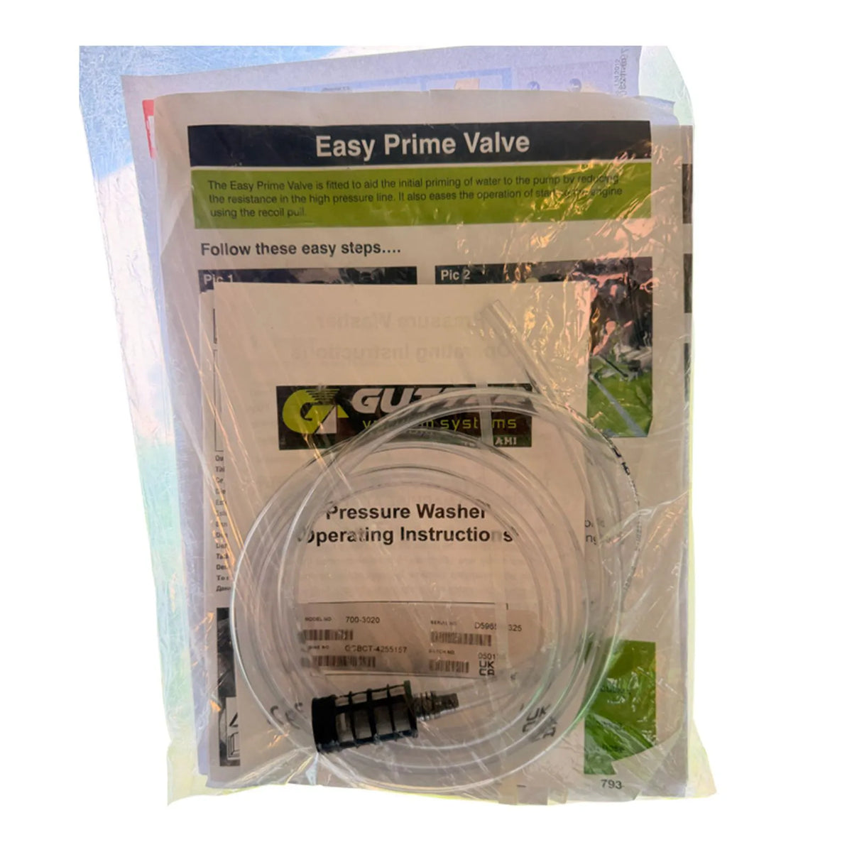 1.25m clear PVC chemical hose featuring weighted filter and instruction manual