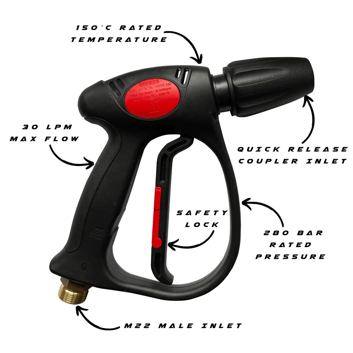 Kew Trigger Gun with Quick Release Coupler showing specifications