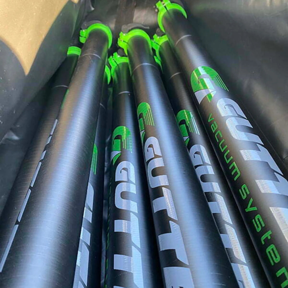 Close up of internals of GVS Gutter Vacuum Pole Bag - showing 40ft of Clamped Carbon Poles