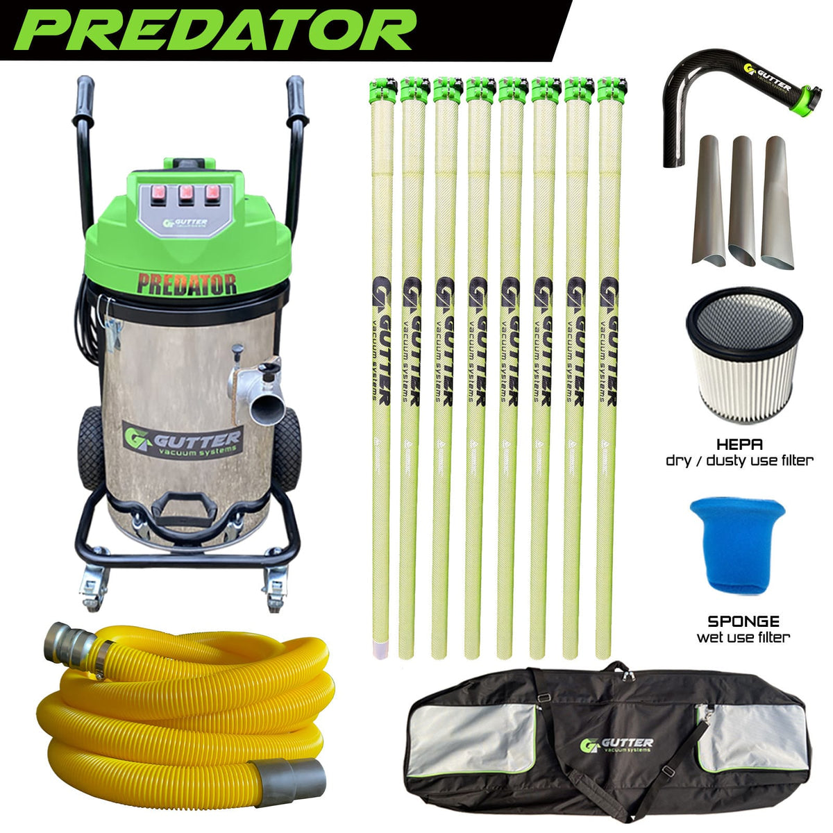 Predator Stainless Steel Drum – Anti Conductive Clamped Carbon Fibre Gutter Vacuum System – (51mm) Rigid Neck + 10m Hose