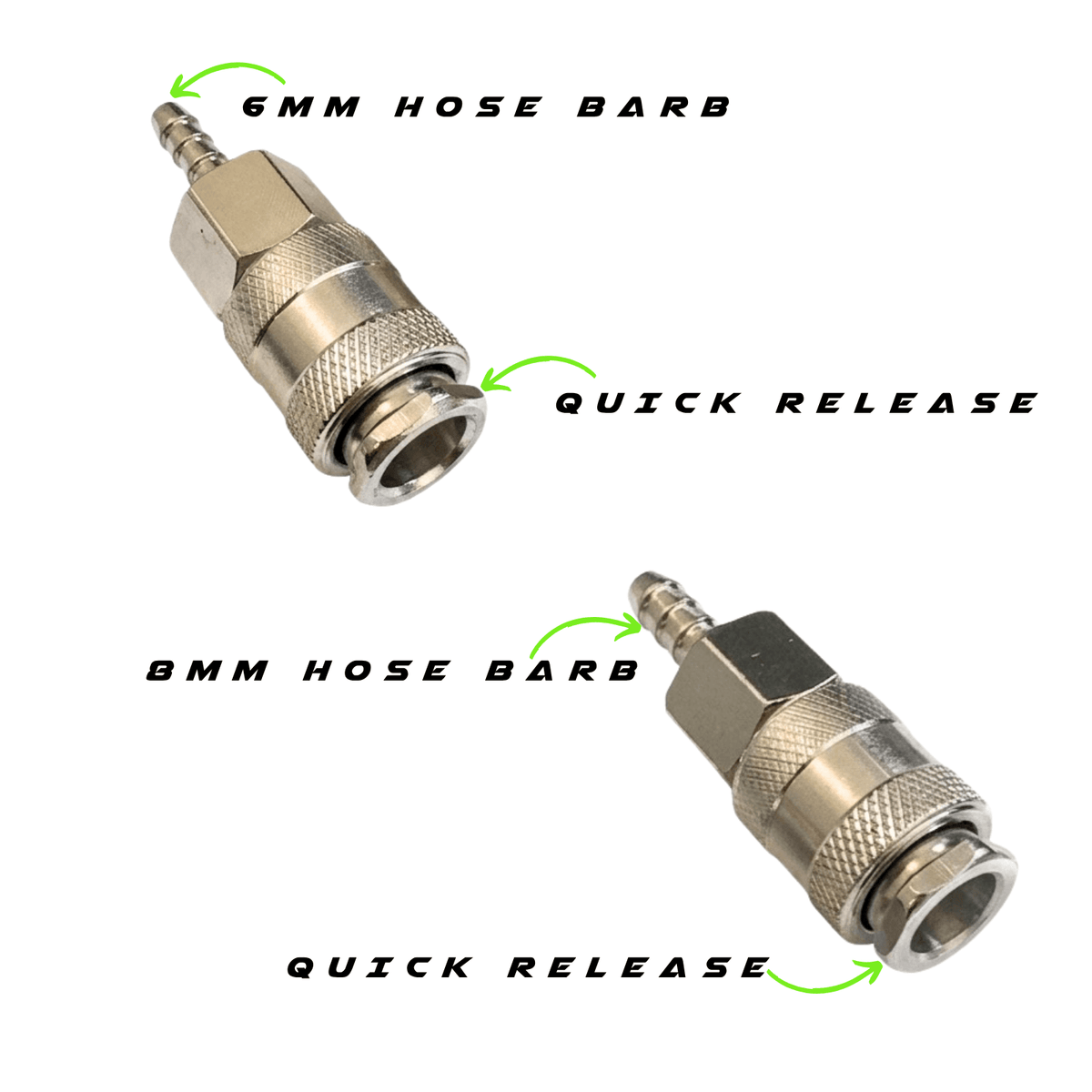 Series 26 Female Hose Tail Couplings - showing the difference between 6mm and 8mm