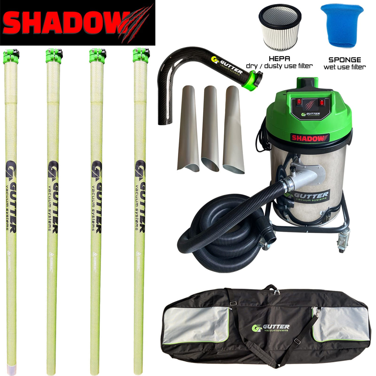 Shadow 3400w Gutter Vacuum 20ft Anti-Anti-Conductive Pole Kit with Carbon Rigid Neck