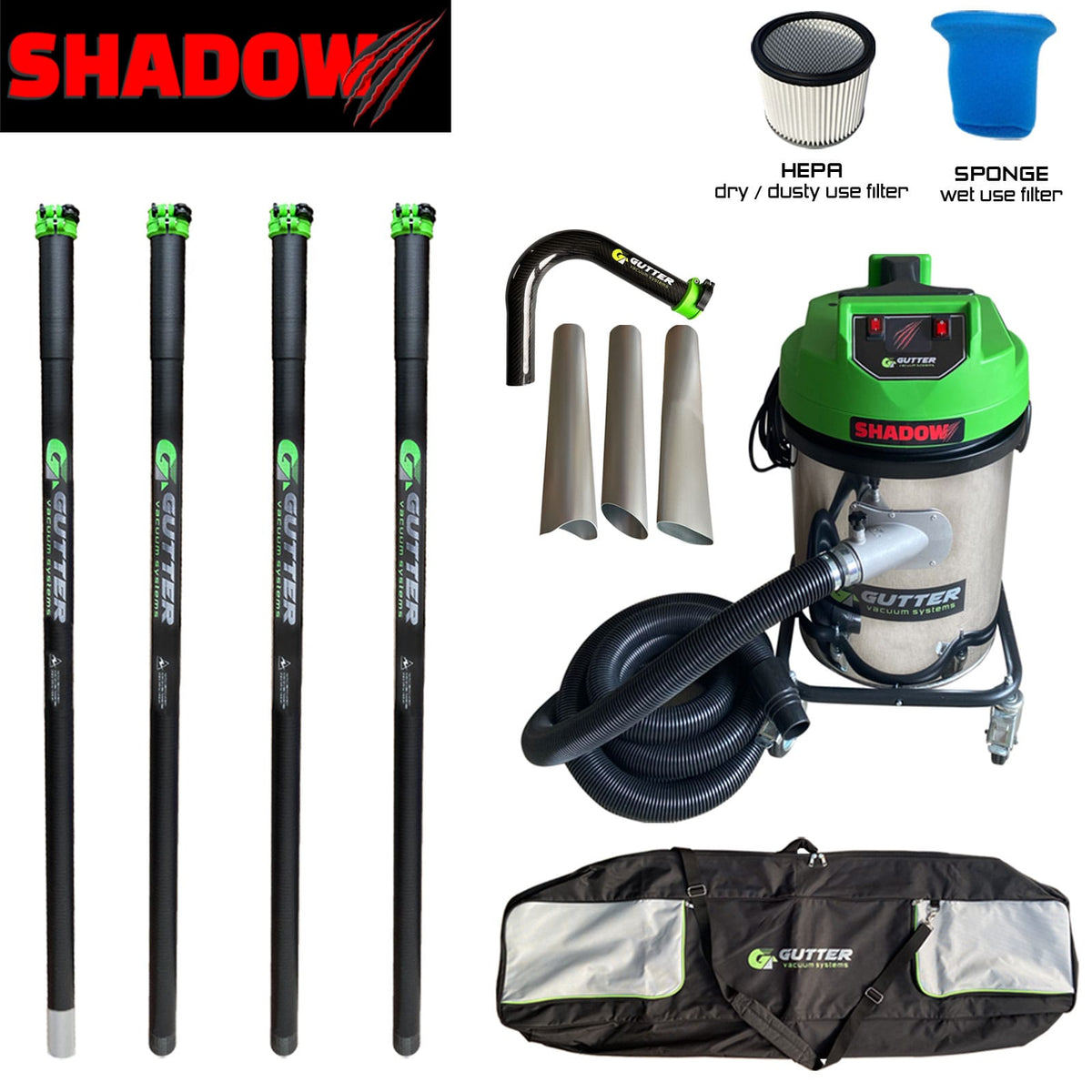 Shadow 3400w Gutter Vacuum 20ft Clamped Carbon Pole Set with Carbon Rigid Neck