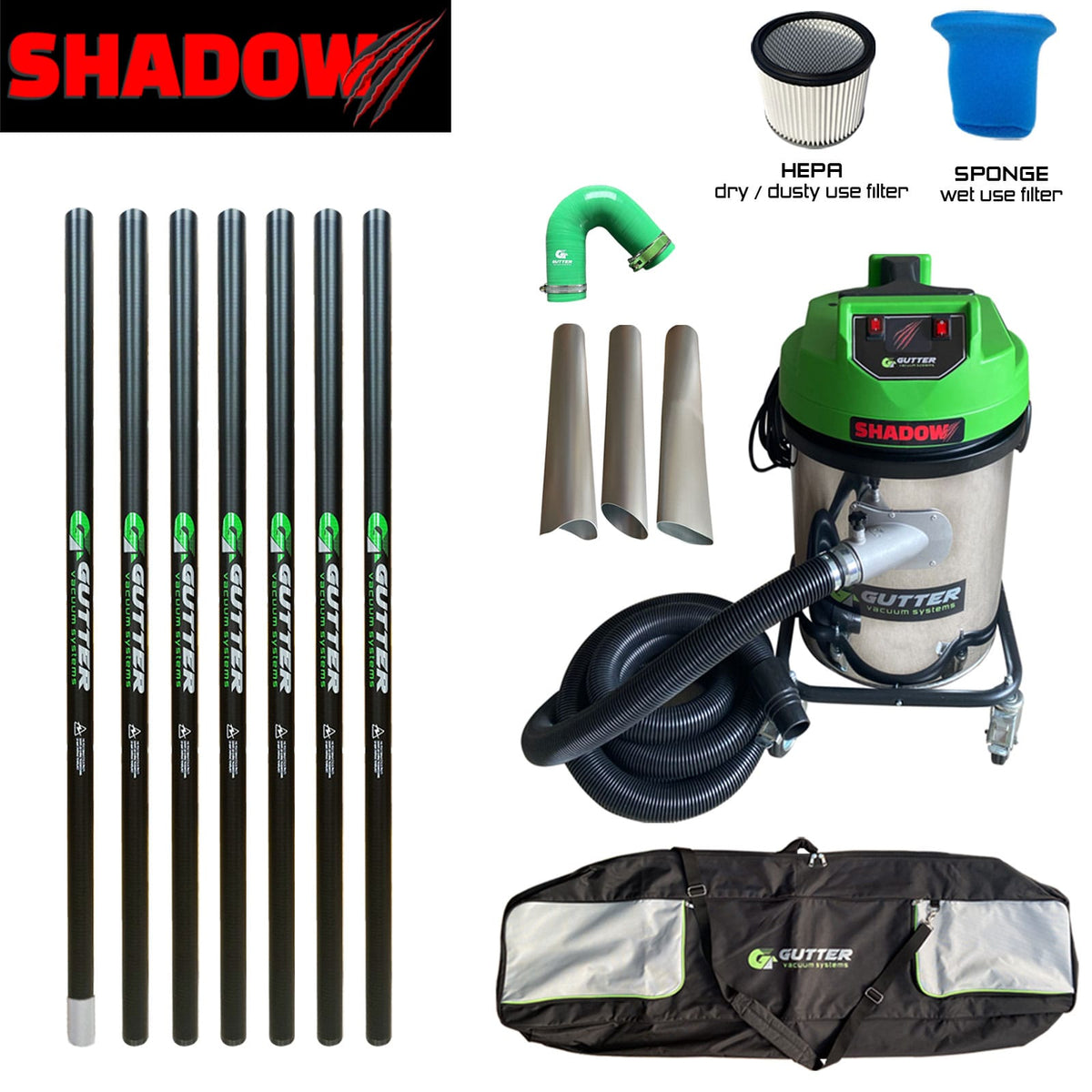 Shadow 3400w Gutter Vacuum 35ft Push Fit Carbon Pole Set with 135 Silicone Flexi Neck