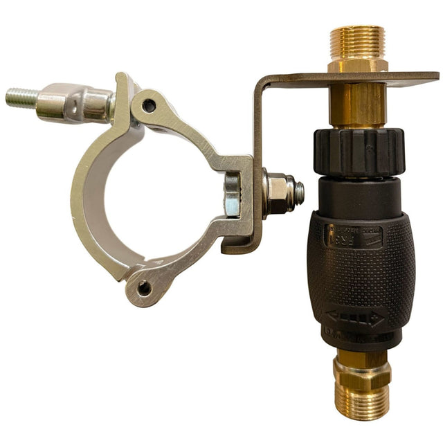 Sky Tidyr clamp with built-in VariFlo pressure control for supporting a high-pressure Power Pole during elevated cleaning.