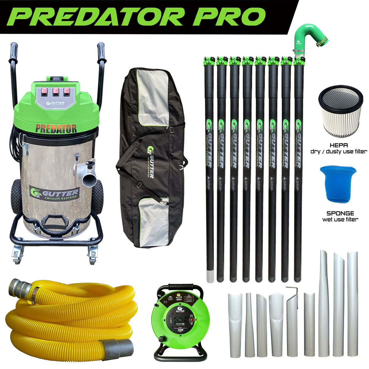 Stainless Steel Predator Clamped Carbon Pole Pro Package - 40ft with 13a 25m Extension Reel and 20m Hi-Vis Hose