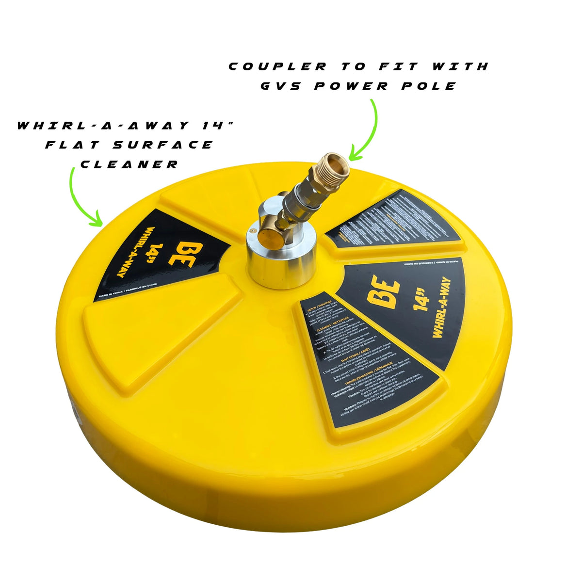The coupler fitted to the 14-inch Whirlaway Flat Surface Cleaner enables quick and easy attachment to a GVS Power Pole for efficient pressure washing.