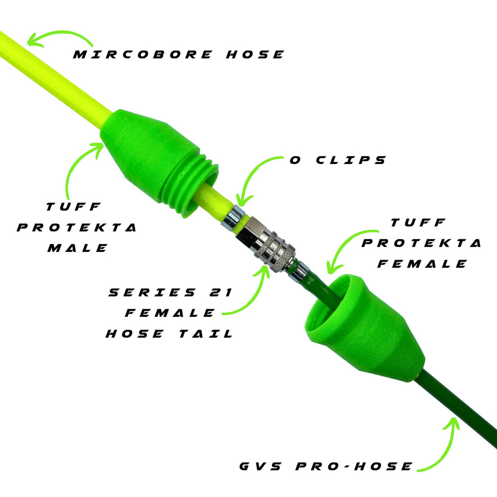 The Tuff Protekta is designed to protect your hose connector. The example show how the Tuff Protekta is fitted to GVS Pro Hose and Microbore Hose