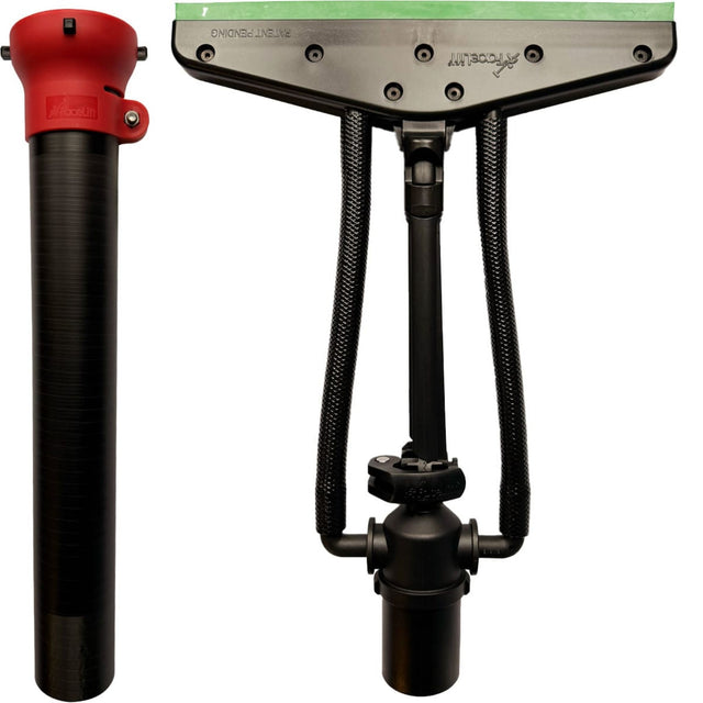 Vak Head squeegee attachment for the suction of residue from high level windows to transport residue into the drum of the gutter vacuum