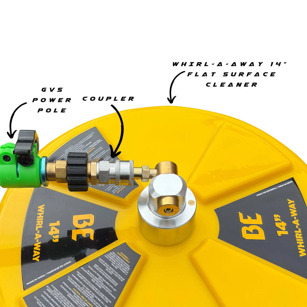 Whirlaway 14-inch rotary surface cleaner showing the coupler fitting for use with a GVS power pole when cleaning patios, driveways and concrete.